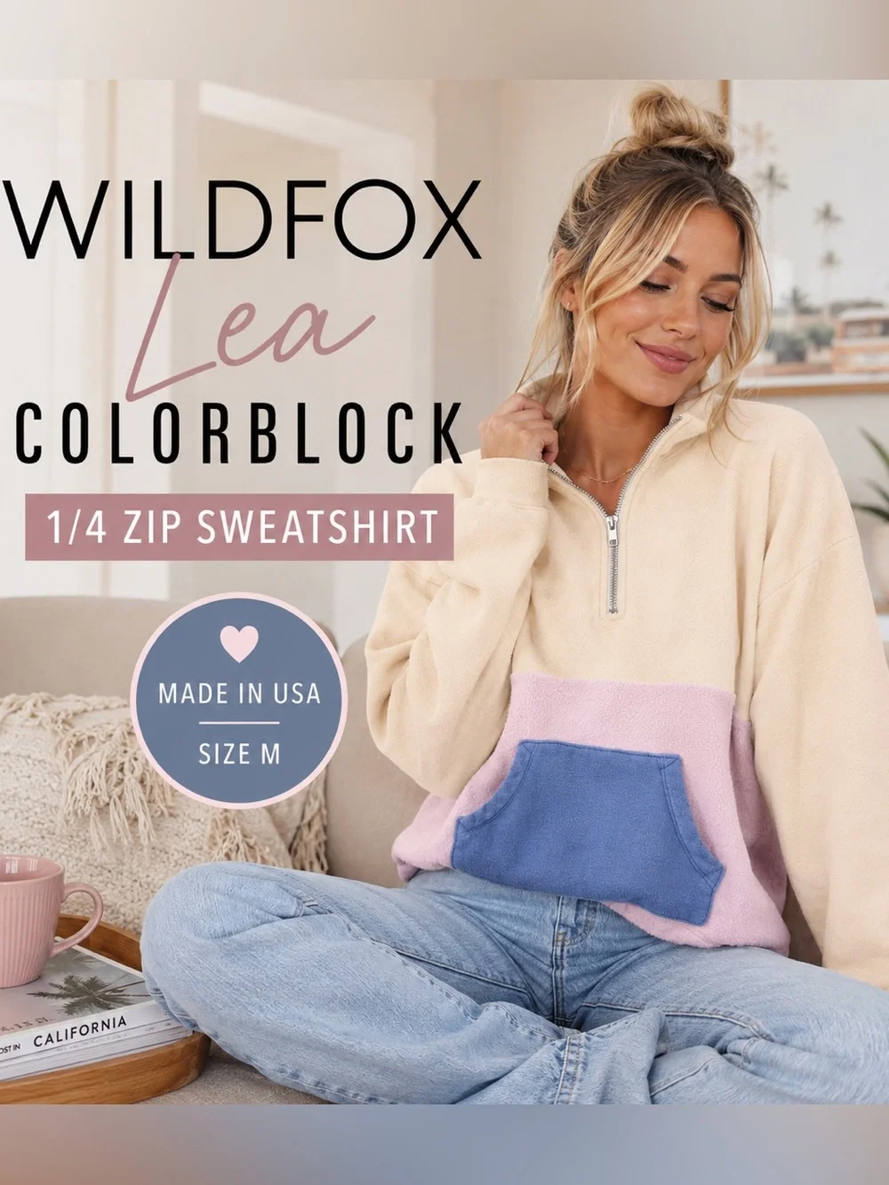 Wildfox Lea Colorblock 1/4 Zip Sherpa Sweatshirt M Cream Pink Blue USA